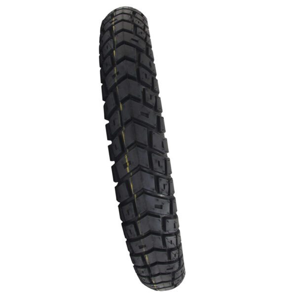 Close-up of the Motoz GPS Adventure 90/90-21 TL Front Tyre with its knobby tread pattern, isolated on a white background.