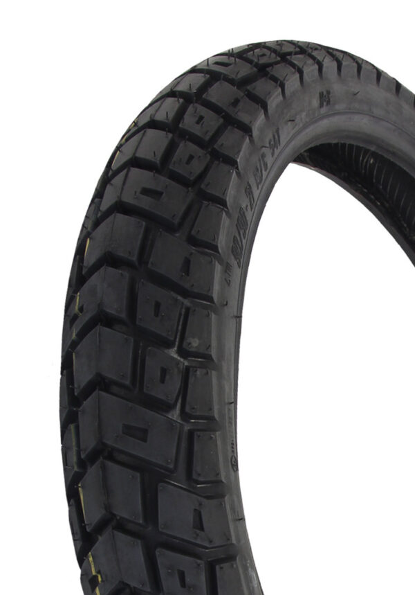 Close-up of a Motoz GPS Adventure 90/90-21 TL Front Tyre for off-road motorcycles, featuring a black design with knobby tread pattern.