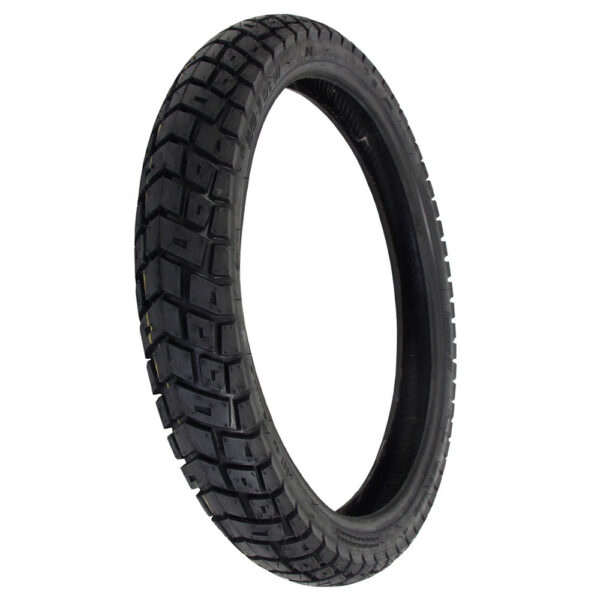 A Motoz GPS Adventure 90/90-21 TL front tire in black with a knobby tread design is displayed against a white background.