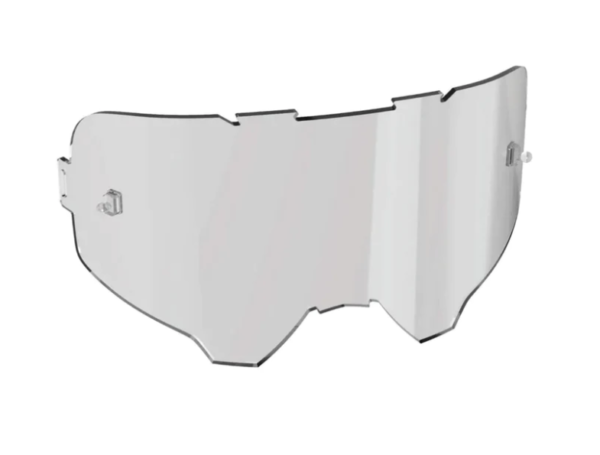The LEATT LENS IRIZ SILVER 50% features a clear, curved visor with attachment lugs, ensuring a seamless fit into helmets or goggles for superior protective eyewear.