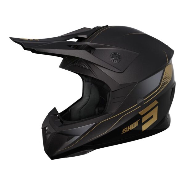 The SHOT PULSE HELMET EDGE MATT BLACK/GOLD features an aerodynamic design with a sleek visor, highlighting the "SHOT" branding on its side.