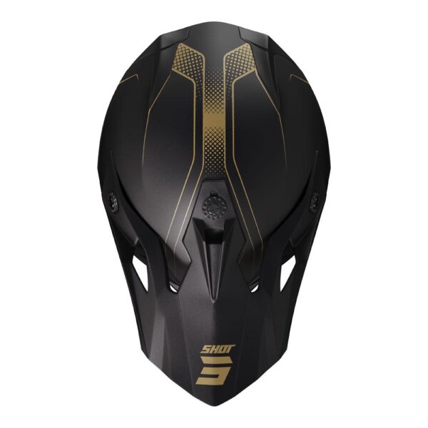 Front view of the SHOT PULSE HELMET EDGE in matte black and gold, showcasing an aerodynamic design with "SHOT" prominently displayed on the chin area.