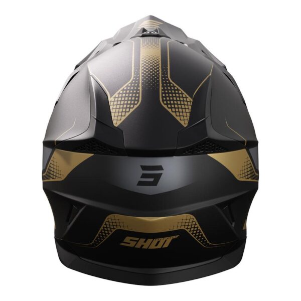 The SHOT PULSE HELMET EDGE in matte black and gold features intricate geometric patterns on the front, with branding elegantly displayed on the chin.