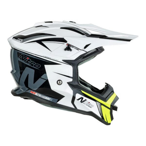 A sleek NITRO MX760 helmet in white, grey, and fluro green featuring a visor and iconic branding on the side.
