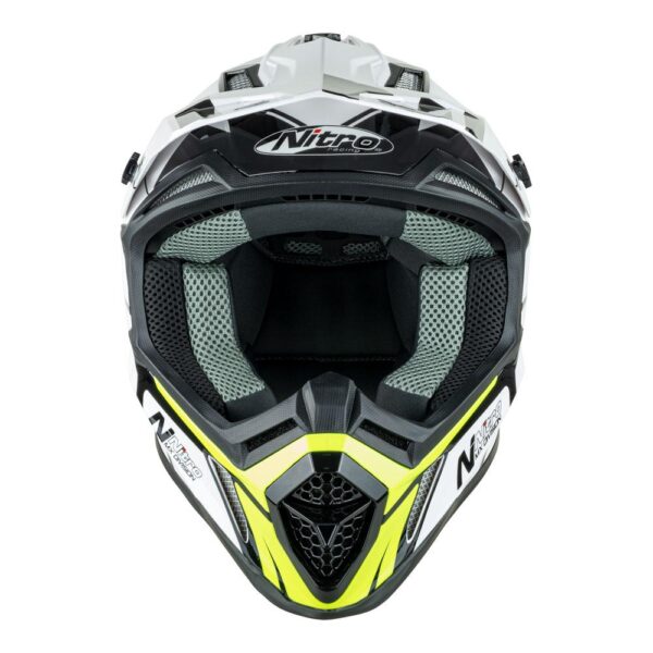 Front view of the NITRO MX760 in white, grey, and fluro green highlights its robust mesh interior and durable outer shell design.
