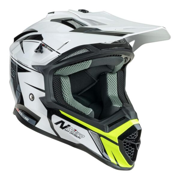 The NITRO MX760 helmet in white, grey, and fluro green boasts a modern angular visor and aerodynamic design.