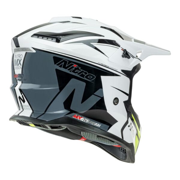 Angular-design NITRO MX760 helmet in white, grey, and fluoro green features bold branding alongside striking MX logos.