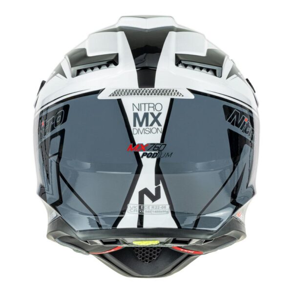 Front view of the NITRO MX760 WHITE/GREY/FLURO GREEN motorcycle helmet, featuring a sleek black, white, and gray design with "Nitro MX Division" and "MX760 Podium" displayed.