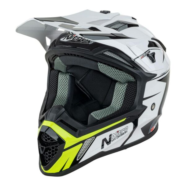 The NITRO MX760 helmet in white, grey, and fluro green features a sleek visor, nitro-grade ventilation, and a comfortable padded interior.