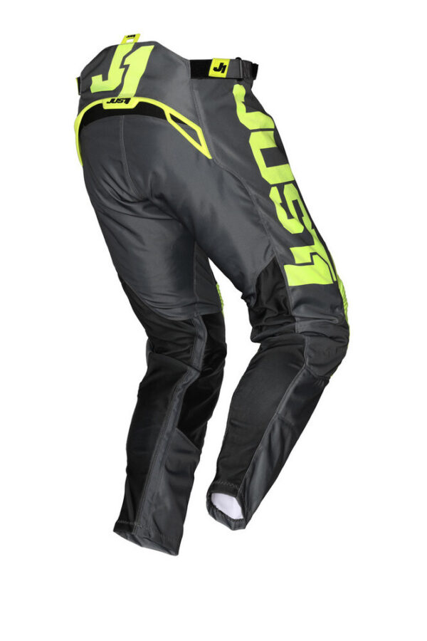 The JUST1 RACING J-FORCE TERRA DARK GREY/FLURO YELLOW PANTS include sturdy knee pads and offer a sleek view from the back.