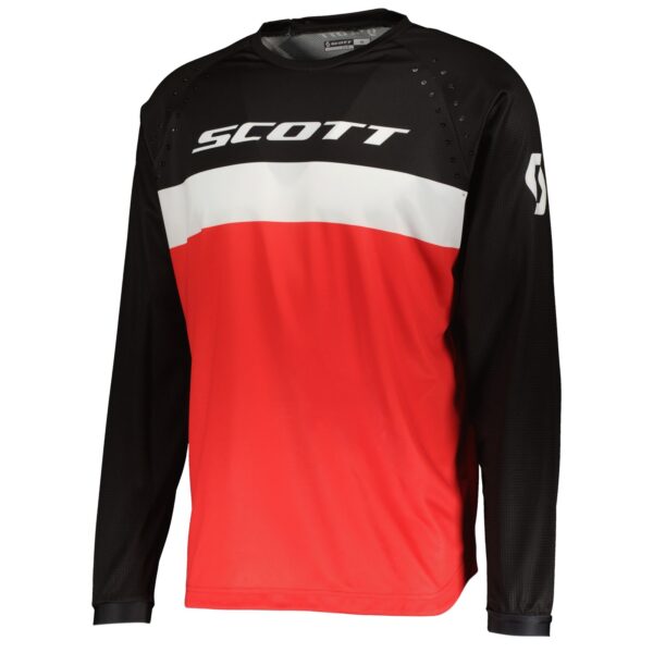 The SCOTT 350 JERSEY SWAP EVO boasts a bold red and black design with a crisp white stripe and the iconic "SCOTT" logo on the chest.