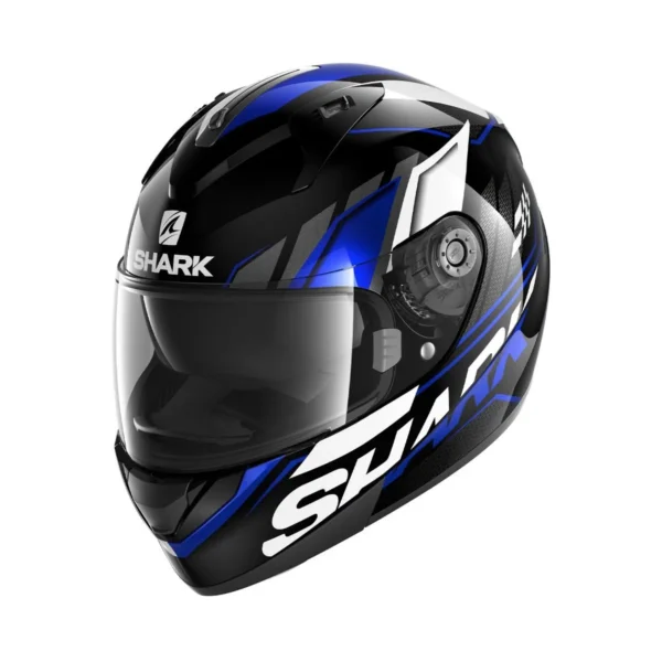 The SHARK RIDILL 1.2 BLACK/BLUE M is a full-face motorcycle helmet with a dynamic blue, black, and white design. It features a clear visor and prominently displays the bold "Shark" brand on both the side and front, ensuring an eye-catching appearance.