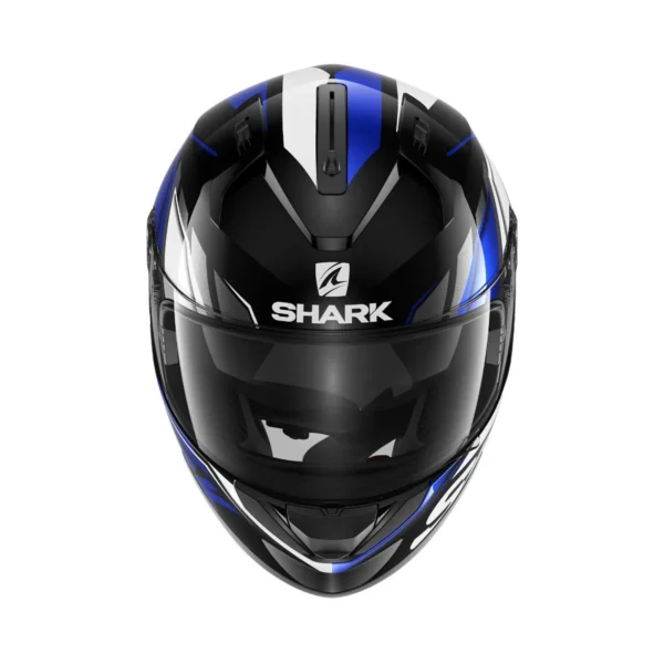 Front view of the SHARK RIDILL 1.2 BLACK/BLUE M motorcycle helmet with its visor down, ready to conquer the road.