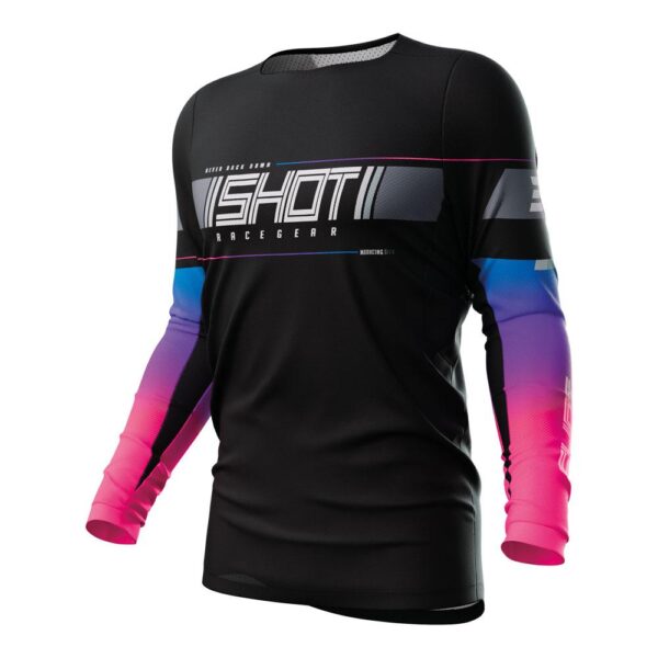 The SHOT CONTACT JERSEY INDY BLACK is a black and gradient long-sleeve sports jersey featuring "SHOT RACE GEAR" text on the chest, with dynamic black, blue, purple, and pink accents on the upper arms.