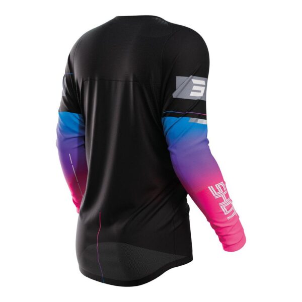 The SHOT CONTACT JERSEY INDY BLACK sports long sleeves with a blue-to-pink gradient, a sleek black body, and geometric patterns on the back and arms.