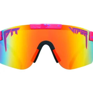 The PIT VIPER THE RADICAL sunglasses feature a colorful rainbow lens, neon pink frame details, and the bold PIT VIPER logo on each side.