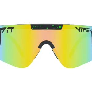 The Monster Bull sunglasses from Pit Viper have striking reflective yellow and blue gradient lenses, a sleek black bridge, and the iconic "Pit Viper" logo on the top corners.