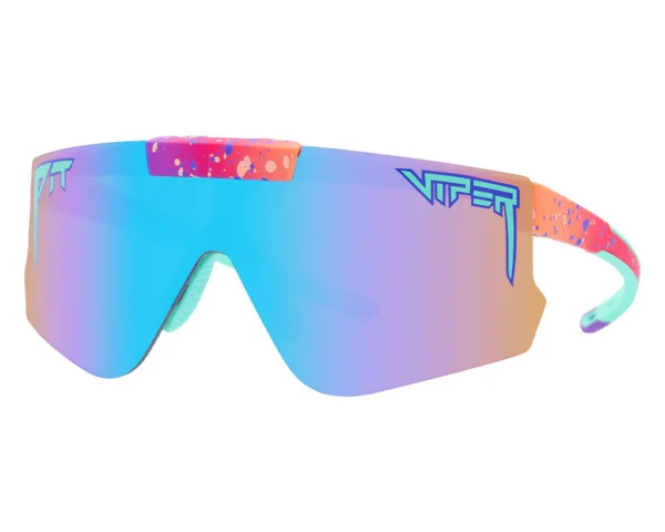 PIT VIPER THE COPACABANA sunglasses feature colorful frames with pink and orange splatter designs and reflective blue lenses.