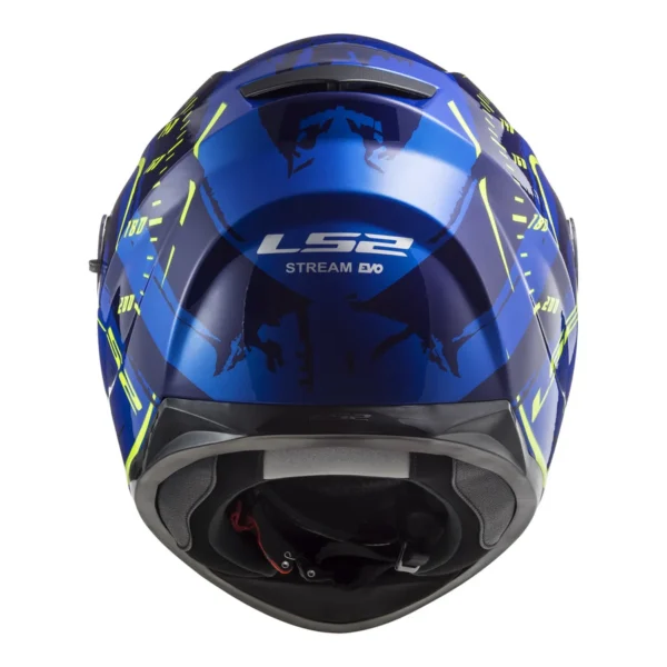 The LS2 FF320 STREAM EVO TACHO HELMET - BLUE / HI-VIS features neon yellow graphics and the logo prominently displayed on the back.