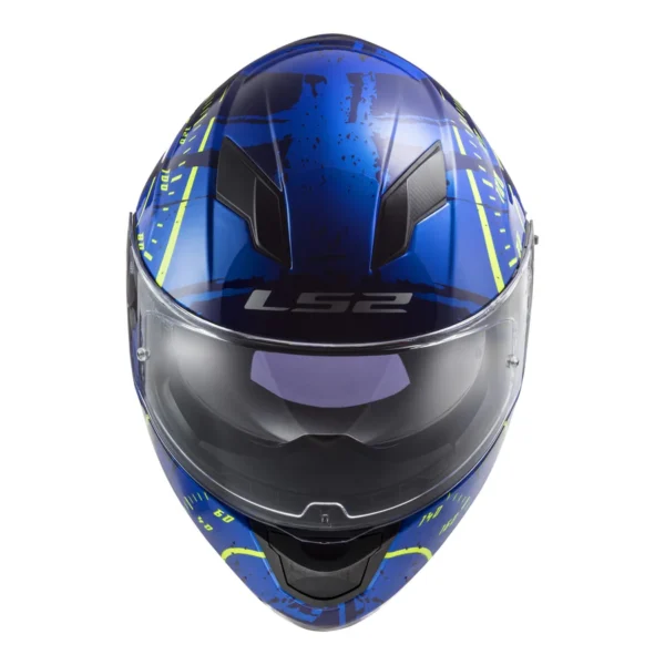 Front view of the bold LS2 FF320 STREAM EVO TACHO HELMET - BLUE / HI-VIS with a clear visor and iconic "LS2" logo.