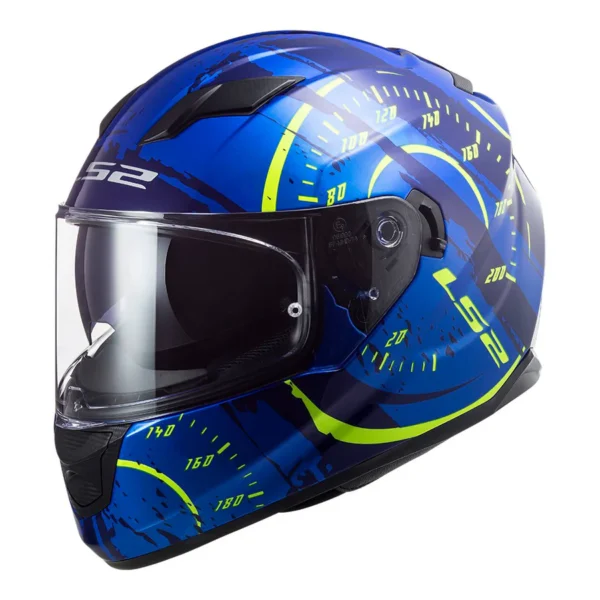 The LS2 FF320 STREAM EVO TACHO HELMET in blue/hi-vis features a speedometer design with yellow accents, a clear visor, and prominently displays the brand logo for added style and safety.