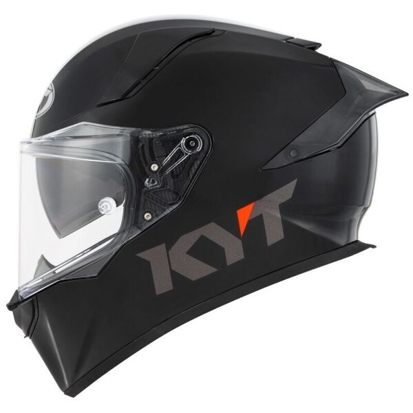 Side view of a KYT R2R PLAIN HELMET in matte black with a clear visor and "KYT" printed on the side.