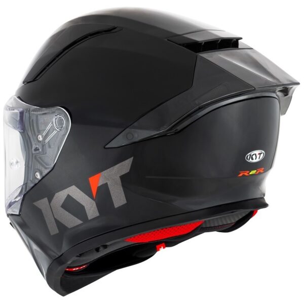 The KYT R2R PLAIN HELMET in matte black boasts an aerodynamic design, clear visor, KYT logo, and R2R branding.