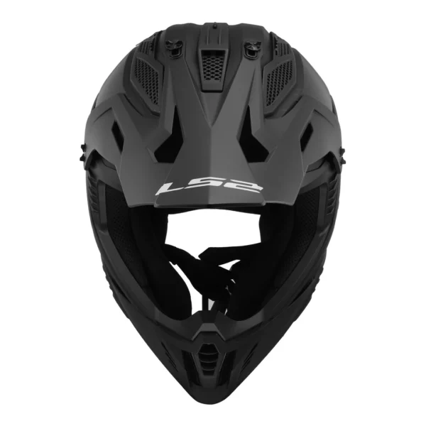 Front view of the LS2 MX708 FAST II Helmet in matte black, featuring an angular design, ventilation openings, and the "LS2" logo on the visor.