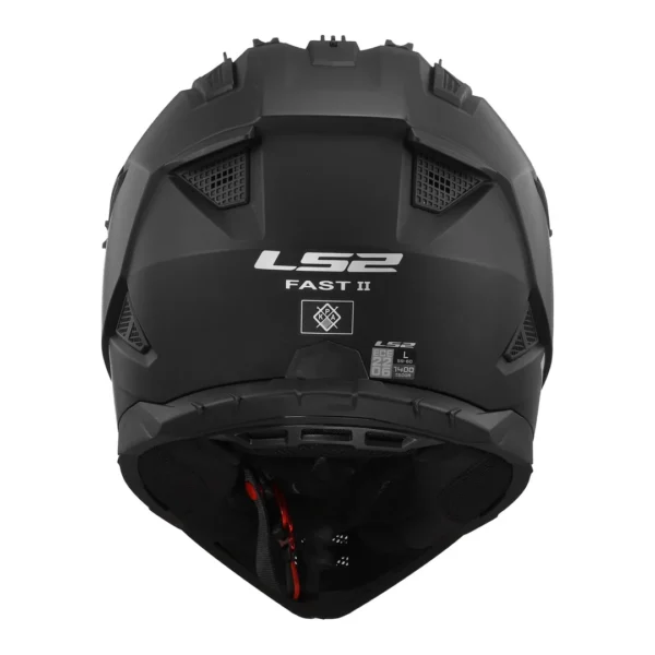 Rear view of the LS2 MX708 FAST II Helmet in matte black, featuring ventilation slots and branding.