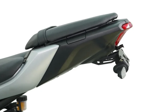 The MUSTARD MT-07 2025 TAIL TIDY - 186MM offers a streamlined look with its black seat, metallic bodywork, and compact red taillight featuring a rear license plate mount.