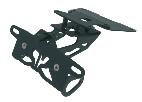 MUSTARD MT-07 2025 Tail Tidy - 186mm: A black metal motorcycle license plate holder featuring multiple mounting brackets and a cut-out design.