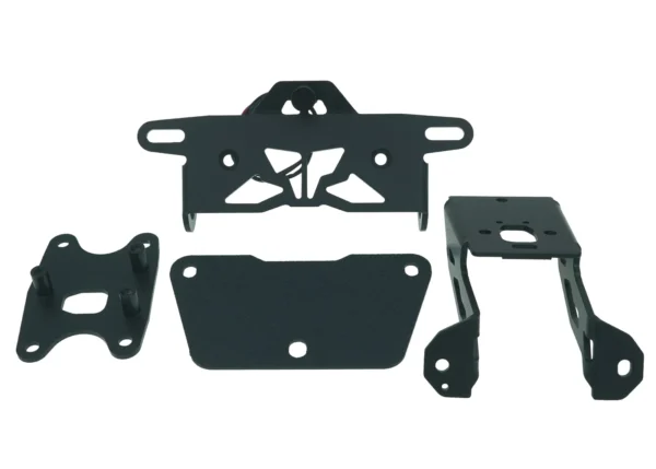 A MUSTARD MT-07 2025 TAIL TIDY - 186MM set of black metal mounting brackets and plates displayed on a white background.