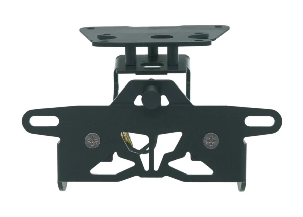 MUSTARD MT-07 2025 TAIL TIDY - 186MM is a black metal bracket designed for mounting or supporting equipment, featuring multiple holes and screw fittings.