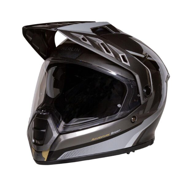 The MERLIN TORRES SPEED HELMET in grey features a visor and peak, adorned with "Adventure Sport" on its side.