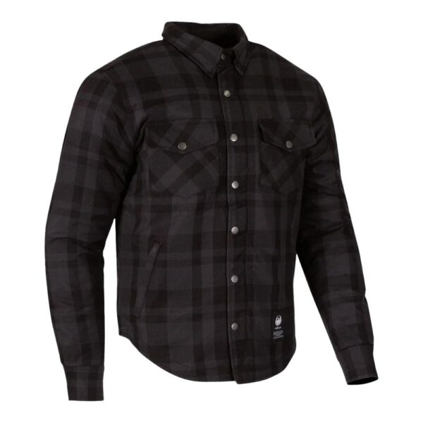 Merlin Axe Hydro Waterproof Jacket in gray plaid with button-up design, two chest pockets, and a collar.