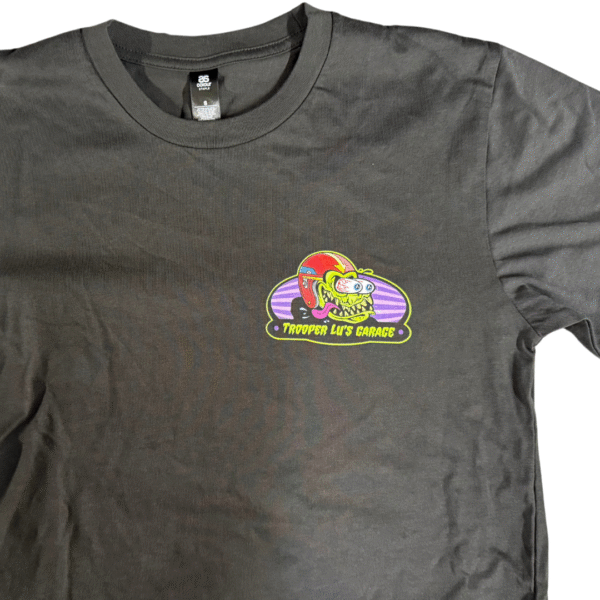 Gray TROOPER LU MONSTER T-SHIRT – MEN'S, featuring a colorful cartoon character and "TROOPER LU'S GARAGE" text on the left chest area.
