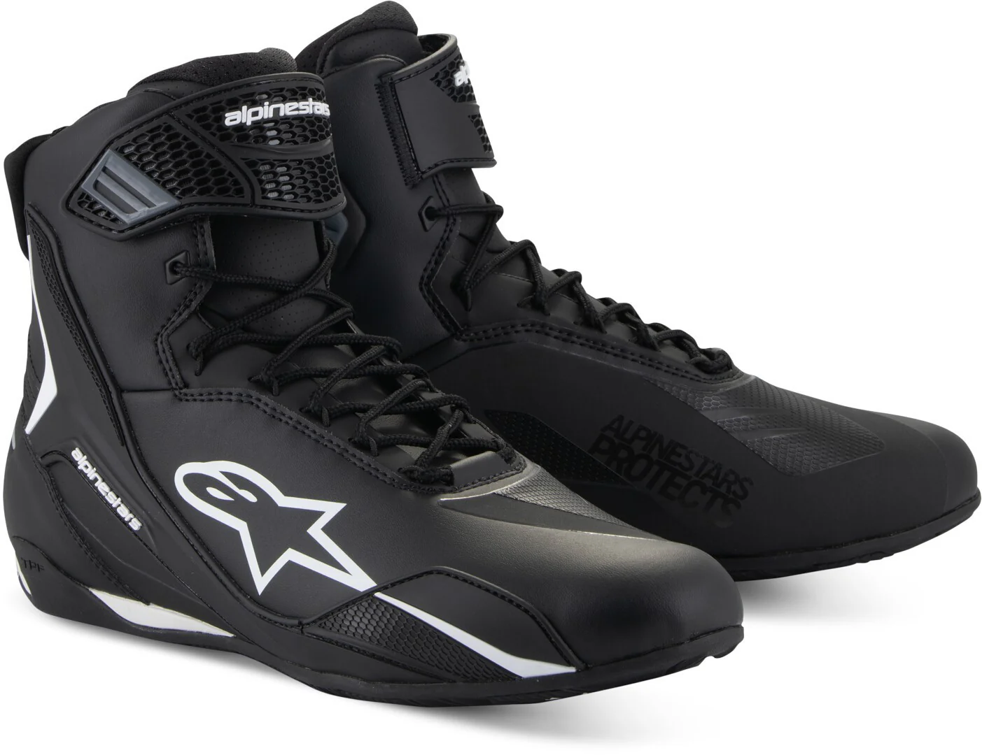ALPINESTARS FASTER V4 BOOTS - BLACK/WHITE feature a high ankle design with laces, prominent logos, and sleek protective elements.