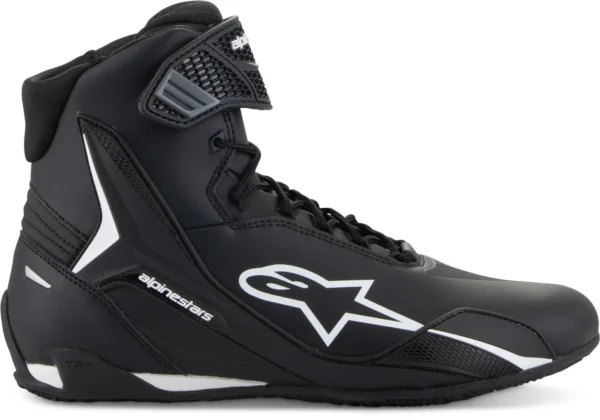 The Alpinestars Faster V4 Boots in black/white feature a high ankle, lace-up front, padded tongue, and are designed for motorsport use.