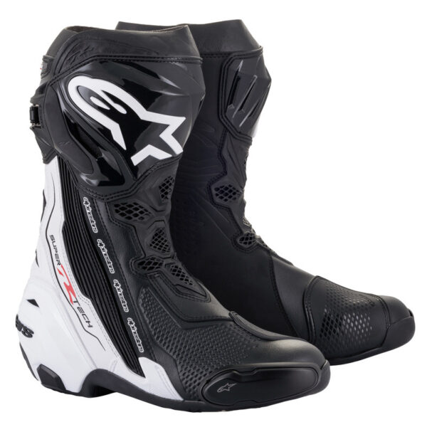 ALPINESTARS SUPERTECH R V2 BOOT in black and white offers high-tech motorcycle racing performance with logos and reinforced protection features.
