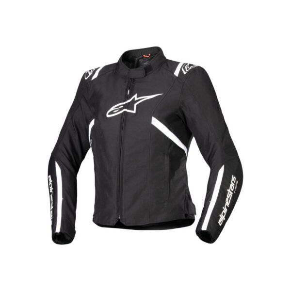 ALPINESTARS Women's T SPS V2 Weatherproof Jacket in black/white features full sleeves, white accents, a chest logo, and a visible brand name on the arms.