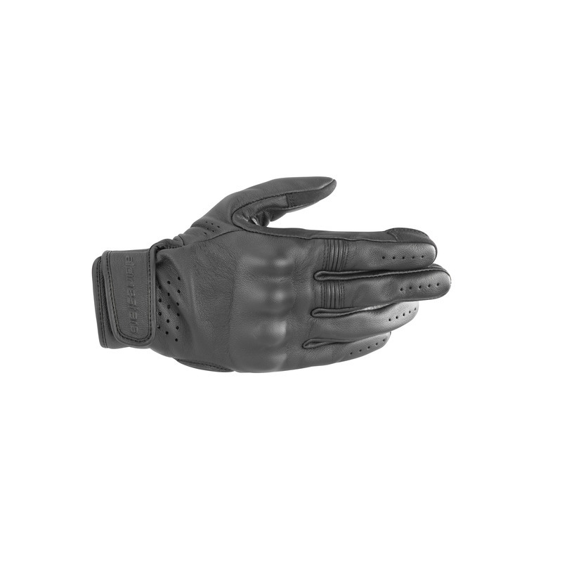 The ALPINESTARS DYNO LEATHER GLOVES in black are shown palm side up, with perforated details and a Velcro wrist strap.