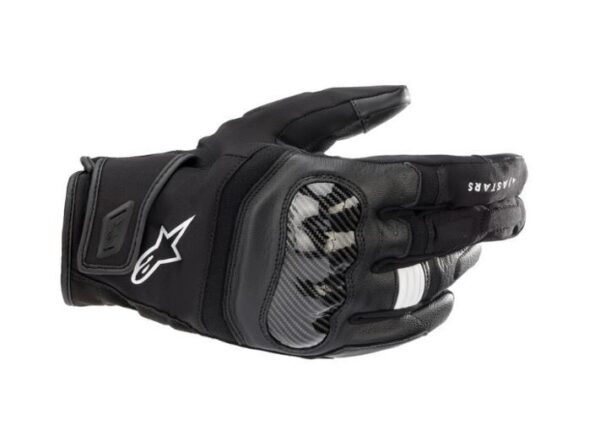 The ALPINESTARS SMX Z Drystar gloves in black feature protective padding and a logo on the back, shown in a closed position.