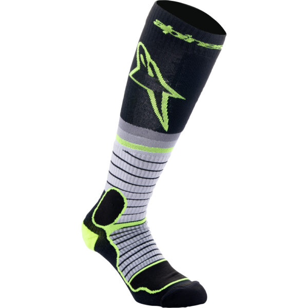 A tall ALPINESTARS MX PRO SOCK in black and grey with fluro yellow accents and a stylized logo.