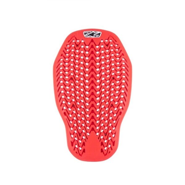 The ALPINESTARS NUCLEON PLASMA BACK PROTECTOR in red/black sports a perforated design with a logo on top. It's oval-shaped with a tapered end.