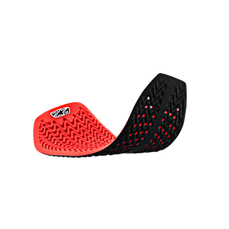 The ALPINESTARS NUCLEON PLASMA FULL BACK PROTECTOR INSERT in red and black features a zigzag pattern and upward curve at one end, with a logo displaying white text.