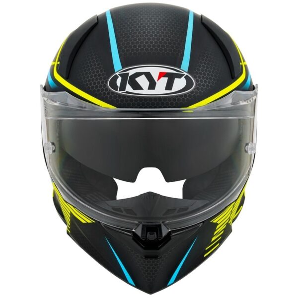 Matte black and yellow KYT R2R Concept helmet, featuring blue accents, a clear visor, and "KYT" logo on the front.