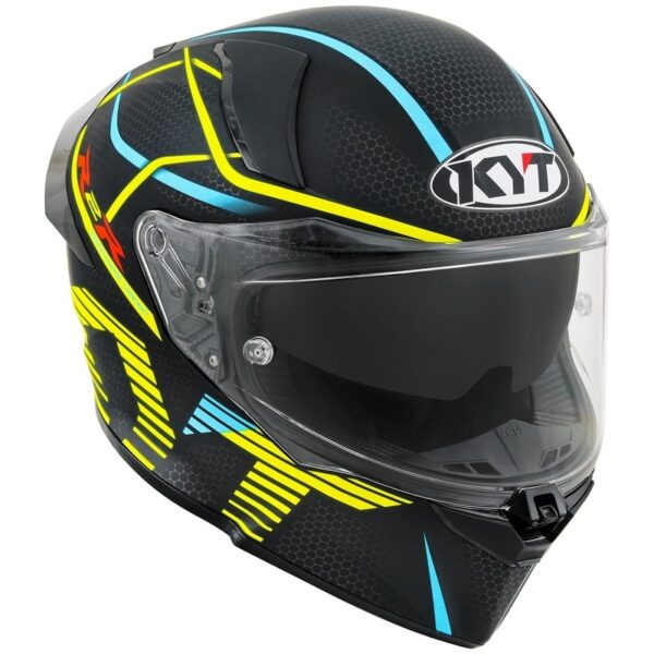 The KYT R2R Concept Helmet in matte black/yellow features geometric patterns, a clear visor, and the brand logo on the front.