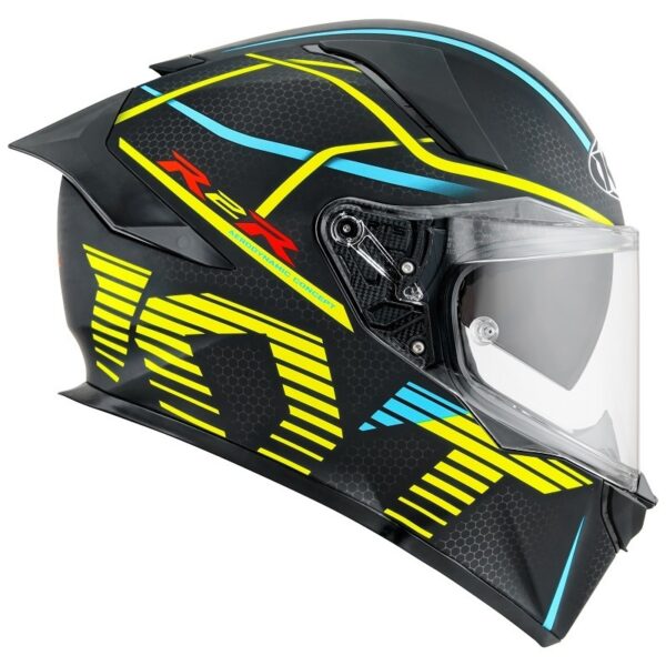 The KYT R2R Concept Helmet in matte black and yellow features neon graphics, a clear visor, and an aerodynamic design.