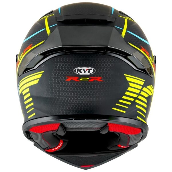 The KYT R2R Concept Helmet in matte black/yellow displays a back view with yellow and blue accents, honeycomb pattern, and a red "R2R" logo.