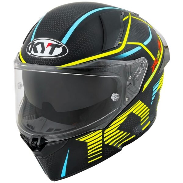 The KYT R2R Concept Helmet in matte black and yellow features blue and yellow geometric designs, a clear visor, and the "KYT" logo on the front.